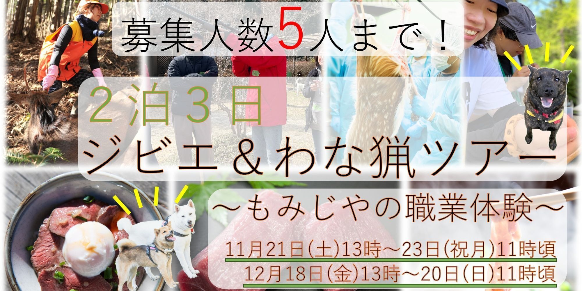 12/18～20【2泊3日】ジビエ＆猟【職業体験】もみじやで働きたい方＆興味ある方はぜひ！
