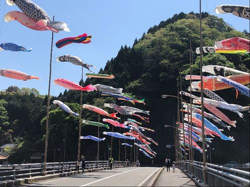 職員のボランティアで、こいのぼりを一本ずつ掲揚
