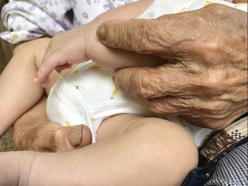 ばぁばの手は硬くてシワシワ。でも、優しくて暖かい。たくさんの事を教えてくれるばぁばの手
