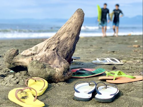 砂浜に置かれたビーサンたち