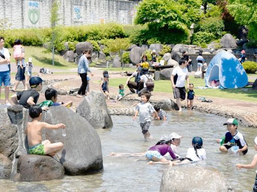 水辺の広場で水遊び