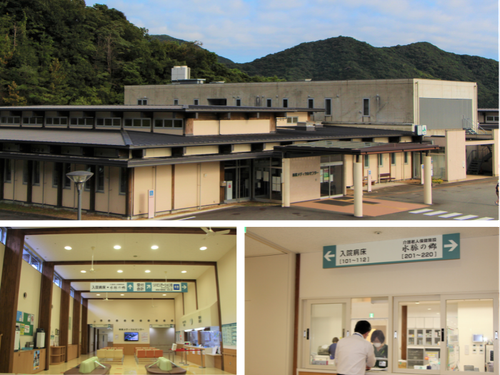 施設写真（上：外観、左下：ロビー、右下：ナースステーション）