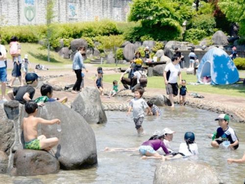 水辺の広場で水遊び