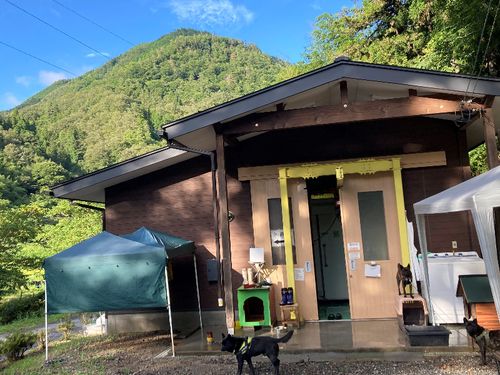 泰阜ジビエもみじやの外観（猟犬とともに）