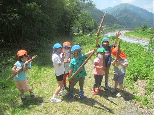 保育園のお散歩中、タケノコ収穫！