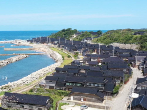 赤崎集落の空撮。漁港があり徒歩で海水浴や釣りができます。