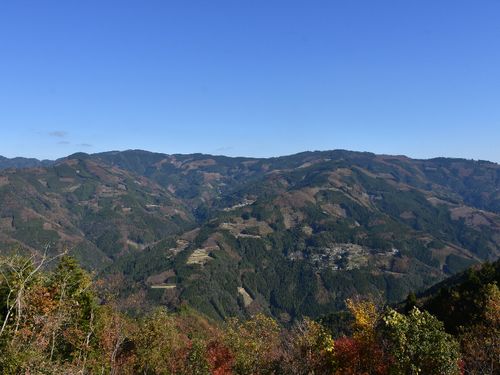 紅葉でモザイク模様になった山々