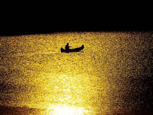 黄金に染まる錦秋湖でのカヌー　写真：瀬川強