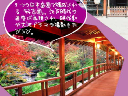 ９つの日本庭園で構成される「好古園」。江戸時代の建築が再現され、時代劇や大河ドラマの撮影たびたび。