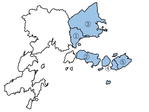 呉市ＭＡＰ（①～⑤が募集地区になります）