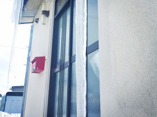 屋根からおりてきた氷柱が地面に突き刺さっている！　古いお家だと熱気が屋根から漏れて時々こうなるよ、と近所のおばあちゃんに教えてもらいました。