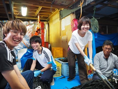 ふるさとワーキングホリデーで漁業を体験する学生
