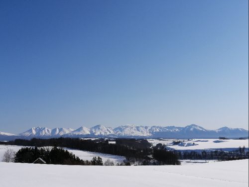 冬の十勝岳連峰と美瑛の丘