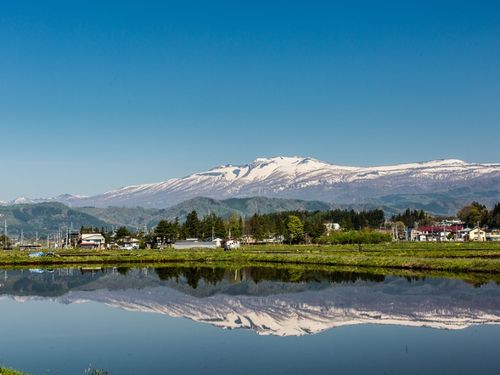 田植え間近の水田から望む残雪の秋田駒ヶ岳