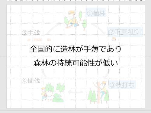 造林｜①植林 ②下草刈り ➂枝打ち
