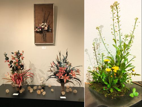 着物の生地を使った芸術的なアートフラワー（左）と、まるで自然をそのまま切り取ったかのような生命感溢れるアート盆栽（右）