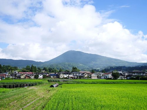 夏の室根山と田園風景