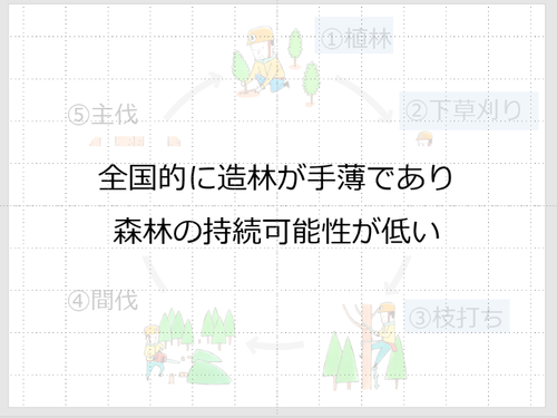 造林｜①植林 ②下草刈り ➂枝打ち