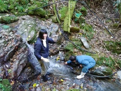 裏山からホースで水道に使う水を引くの図
