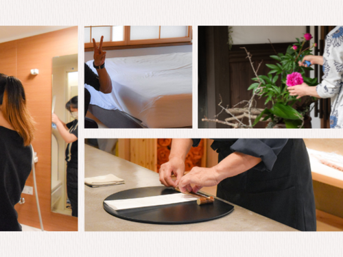 女将や料理人をはじめ、関わるスタッフ全員でのおもてなし。清掃、フロアスタッフのシフト管理調整、備品の調達、業者とのやりとり、施設内で発生する事柄の管理を全て行ないます。