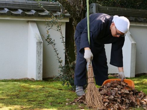 掃除。苔の美しさを感じながら、自分の足元を見つめる大切な時間。