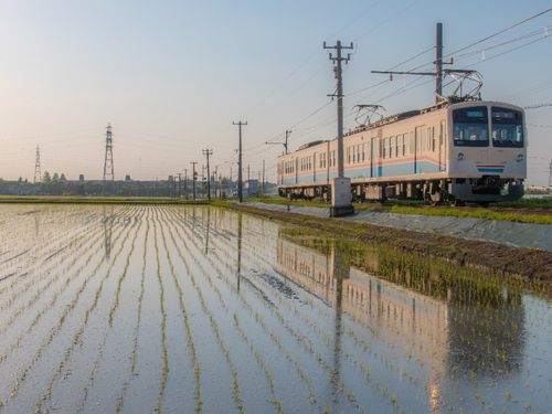 多賀大社前駅は終点駅で、ここを通る時は、速度を落とし田植えしたばかりの水面に反射する水鏡をカメラマンが撮影に来る絶景スポット。小島さんの住む所から見える日常