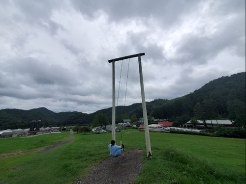 大きなブランコで自然を満喫する様子