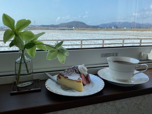 カフェの窓から見える放牧地には時々馬の姿も！