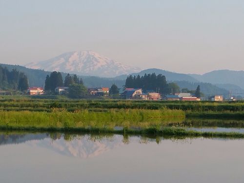 田植え前の田に映る鳥海山と集落。こんな風景を僕らは守れるだろうか。
