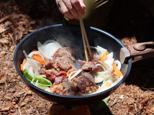 山頂で食べるチカラめし。遠山郷名物のジンギス炒めは絶品です！
