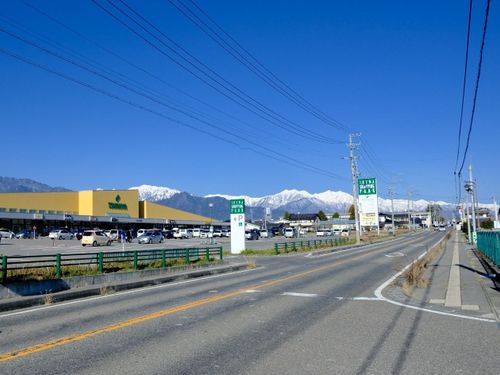 大型スーパーやコンビニ、ドラッグストアなどが並ぶ池田町の主要道（県道51号）