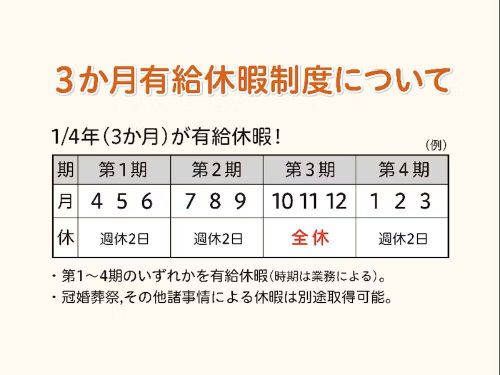 弊社の特色、3ヶ月の有給休暇制度！