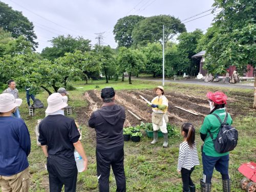 苗植え体験で代表の岡部さんから説明を受ける参加者の皆さん