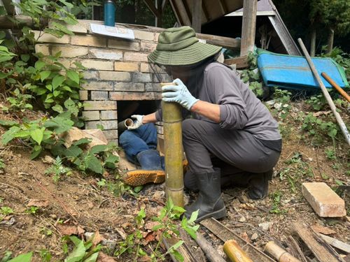 狭い土窯に、竹をならべていきます