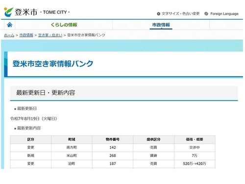 登米市空き家情報バンクページ