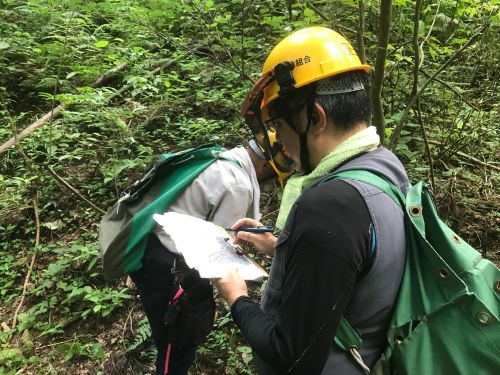 現場管理職員の仕事 山中を歩き、様々な調査をします。