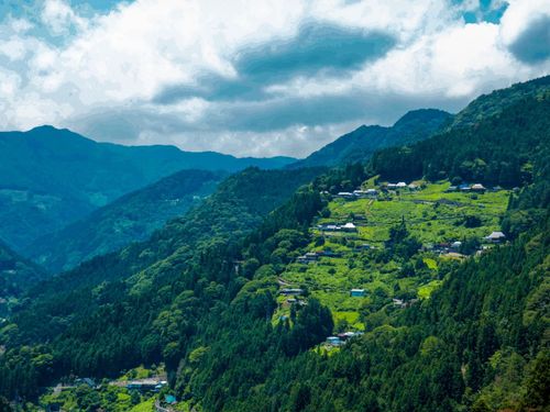 山肌を斜面地のまま切り開いて作られたこの地域特有の集落の風景。
