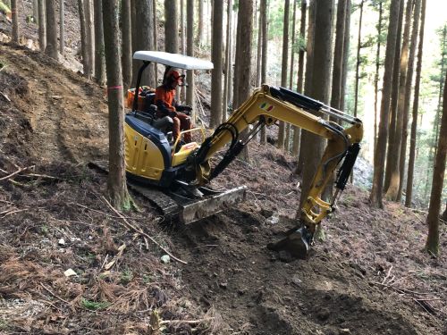重機を使って作業道開設中
