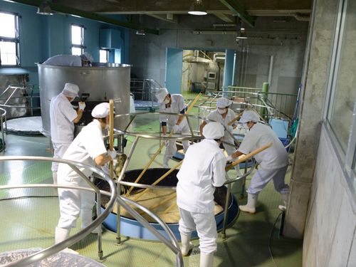じゃがいも焼酎の醸造過程。大きなタンクを長い棒でかき混ぜます！
