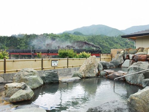 川根温泉の露天風呂から見えるSL