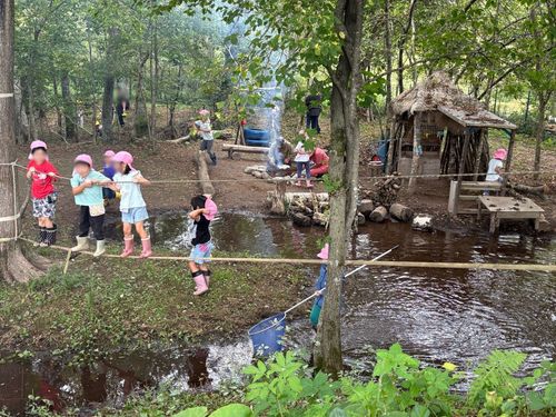 きのこの森で、水辺の遊びを楽しむ子どもたち。
