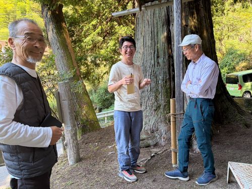 神社近く、樹木の話を伺う