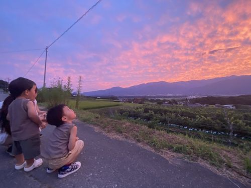 アルプスの山並みと夕焼け