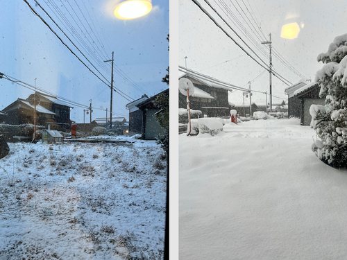 高島市民感覚で「全然降っていない」（左）、「降ってるな」（右）と言うレベルの雪