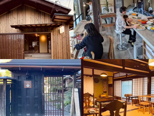 左上から時計回りに（E）外観（E）店内（F）外観（F）店内。