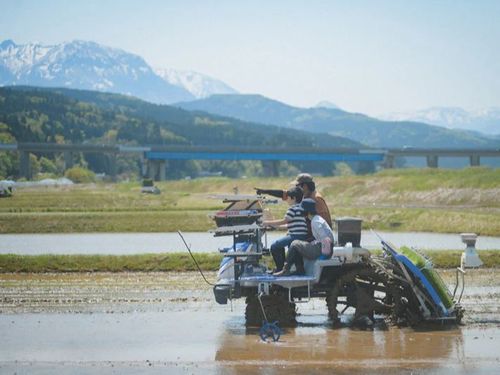 きれいな山並みが見える田んぼで、田植え機を運転。