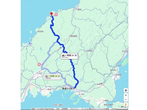 最初の移住地周南から萩市須佐までは国道一本で行けました。