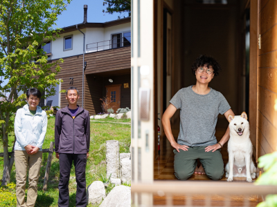民宿山想の坂井さんご夫婦とれんさんのゲストハウスのれんさんと愛犬のそらくん