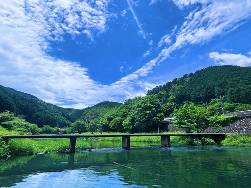 四万十川源流域で、沈下橋に座って一休み。