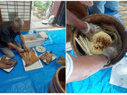ご飯～ナマズを数回繰り返し「おこげ」の付いたご飯で蓋した後、藁蓋と木蓋を乗せます
